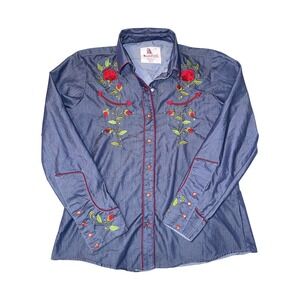 Rangers Legend Blue Denim Western Snap Shirt Womens Large Red Rose Embroidered